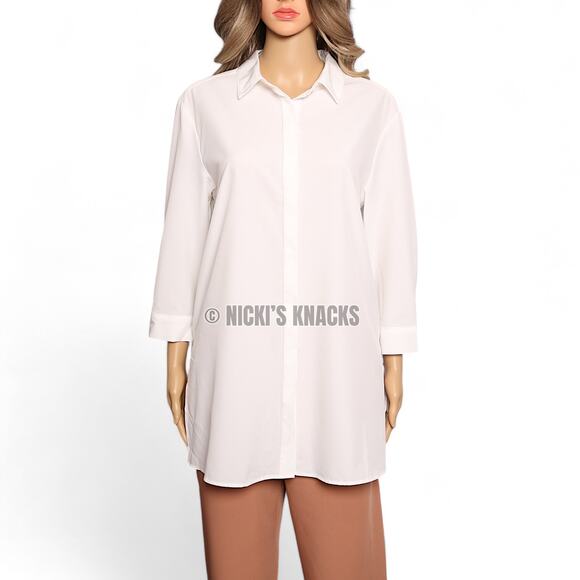 White 3/4 Sleeve Button Front Tunic Top Collared Lightweight Blouse Size M - Picture 2 of 8